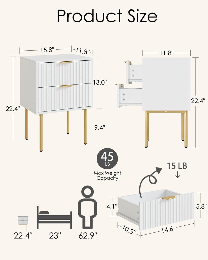 Aienvey Night Stand, Modern Nightstand with Drawers, Bedside Table, Gold Small Side Table for Bedroom, Living Room End Table (White Stripe, 2 Drawers) - Image 2