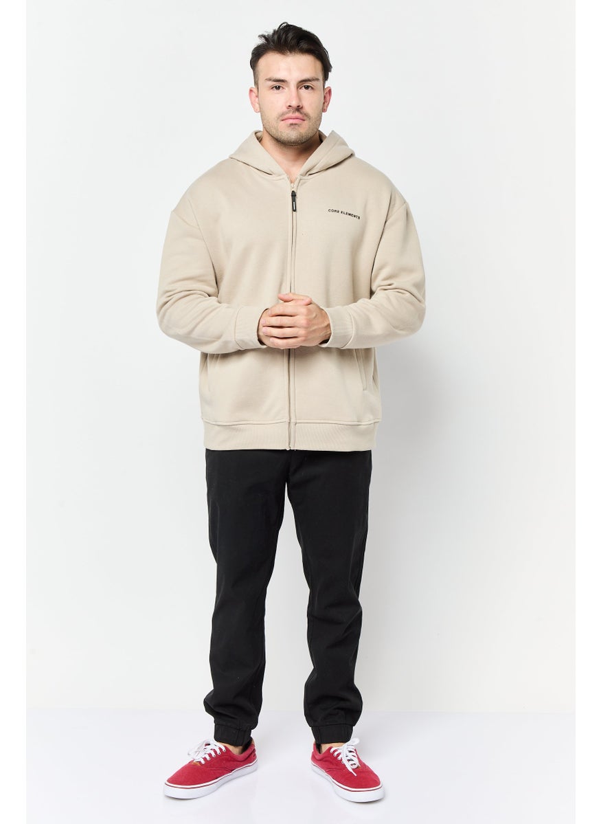 Core Elements Men Brand Logo Long Sleeves Full Zip Hoodie, Beige  - Image 2