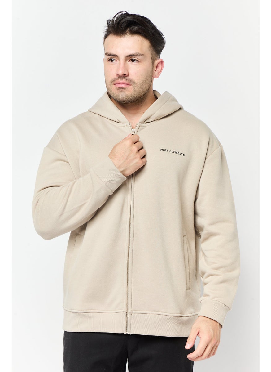 Core Elements Men Brand Logo Long Sleeves Full Zip Hoodie, Beige  - Image 1