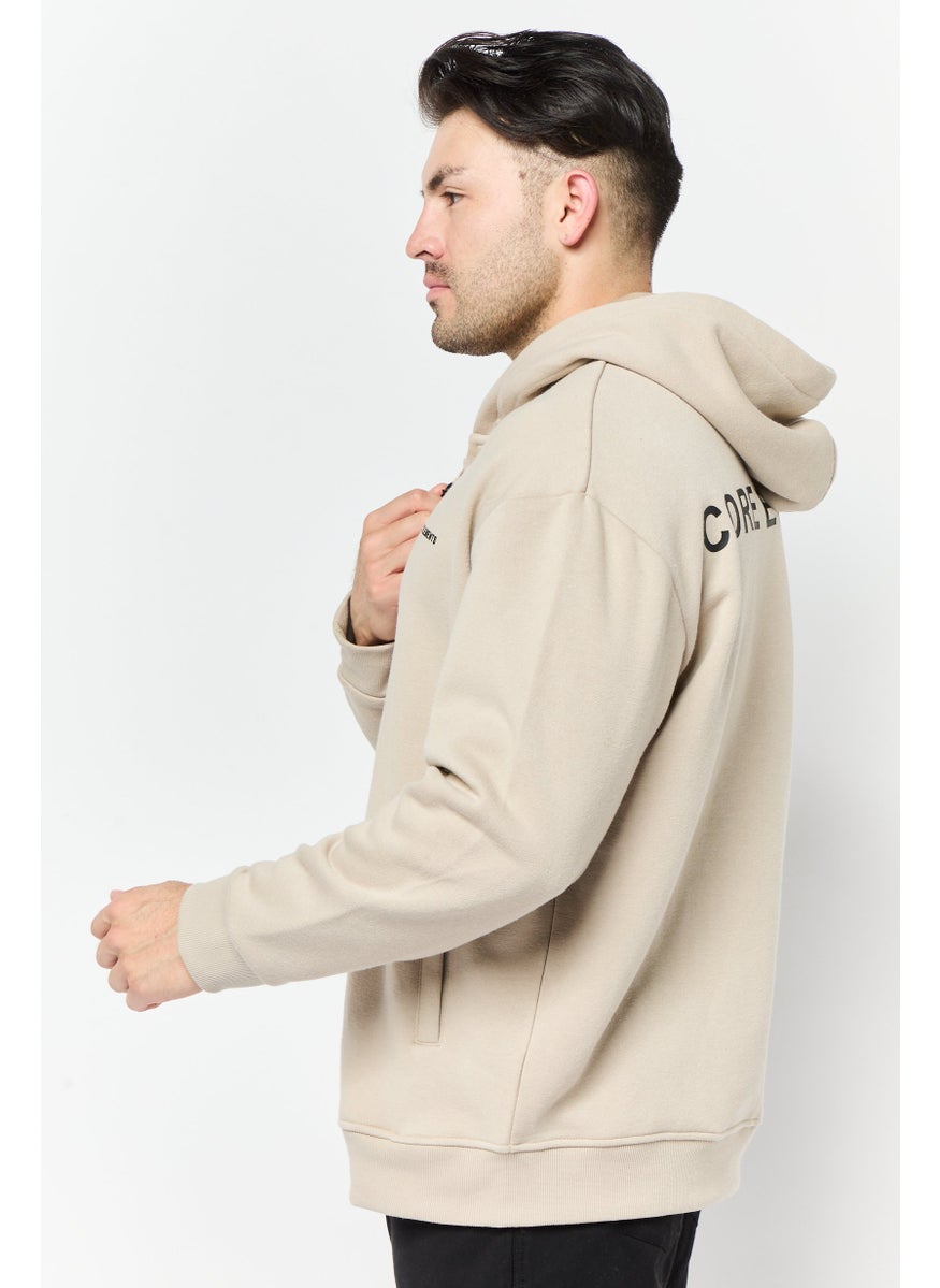 Core Elements Men Brand Logo Long Sleeves Full Zip Hoodie, Beige  - Image 3