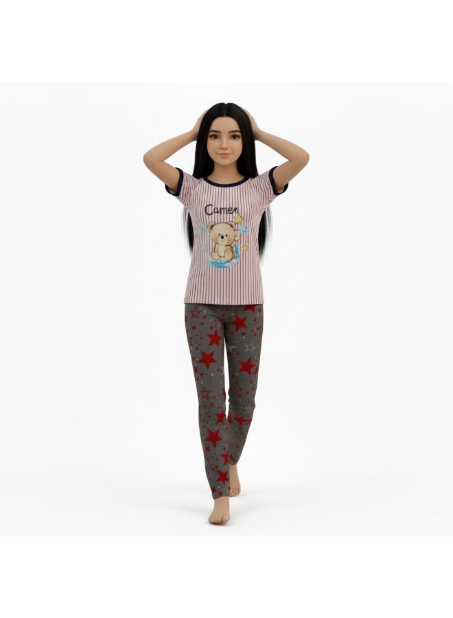 JOANNA Girl's For You Print Short Sleeve Shirt & Long Pants Pajama Set, Pink/Grey - Image 3