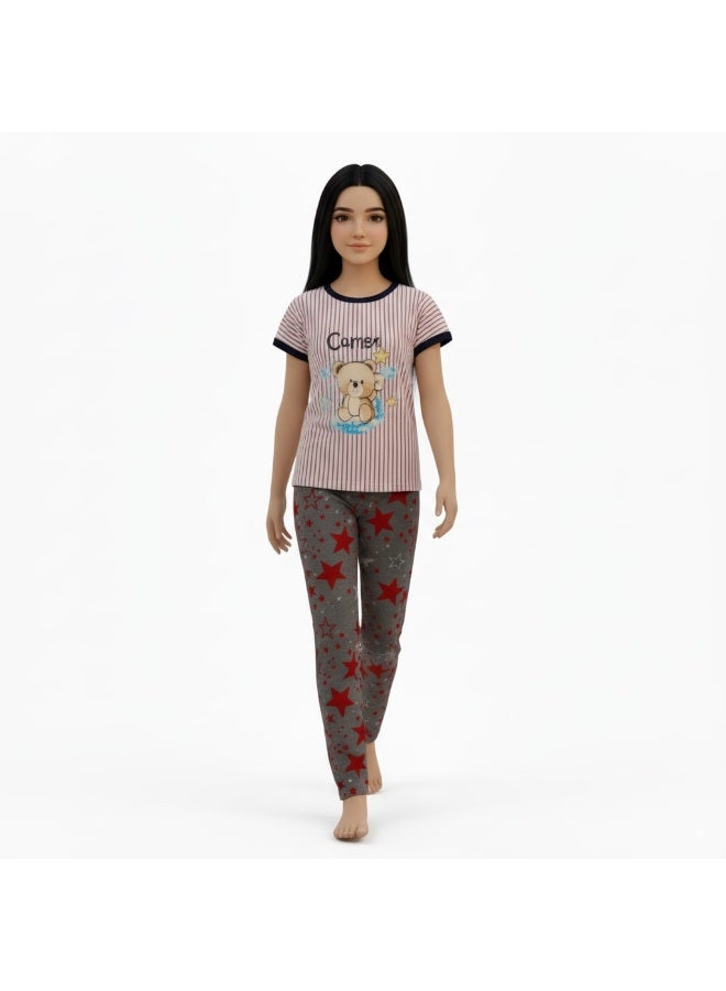 JOANNA Girl's For You Print Short Sleeve Shirt & Long Pants Pajama Set, Pink/Grey - Image 2