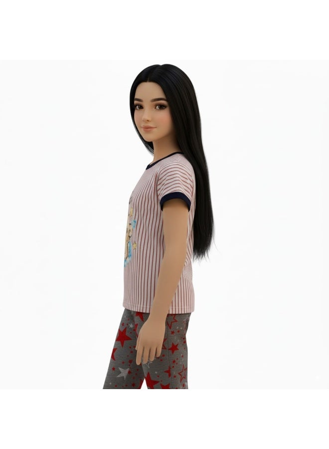 JOANNA Girl's For You Print Short Sleeve Shirt & Long Pants Pajama Set, Pink/Grey - Image 5