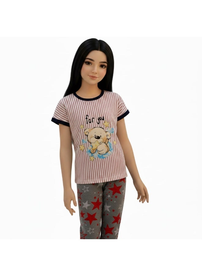 JOANNA Girl's For You Print Short Sleeve Shirt & Long Pants Pajama Set, Pink/Grey - Image 1