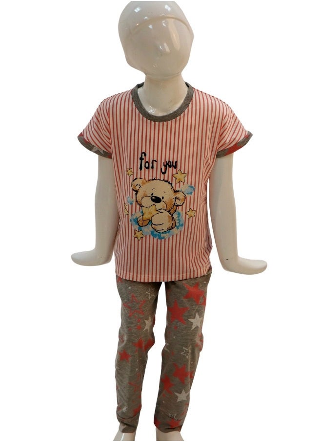 JOANNA - JOANNA Girl's For You Print Short Sleeve Shirt & Long Pants Pajama Set, Pink/Grey - Image 1