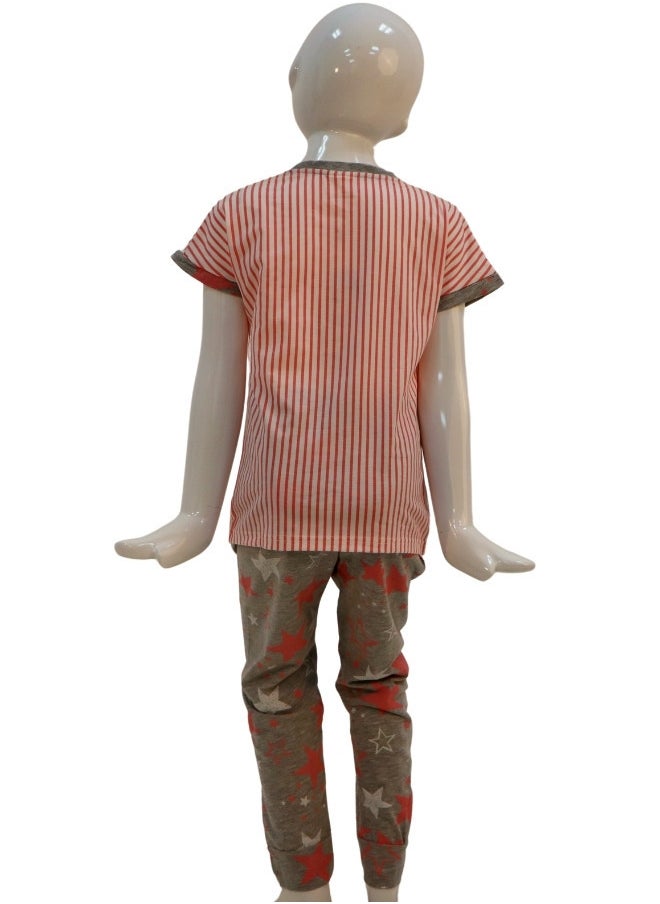 JOANNA - JOANNA Girl's For You Print Short Sleeve Shirt & Long Pants Pajama Set, Pink/Grey - Image 1