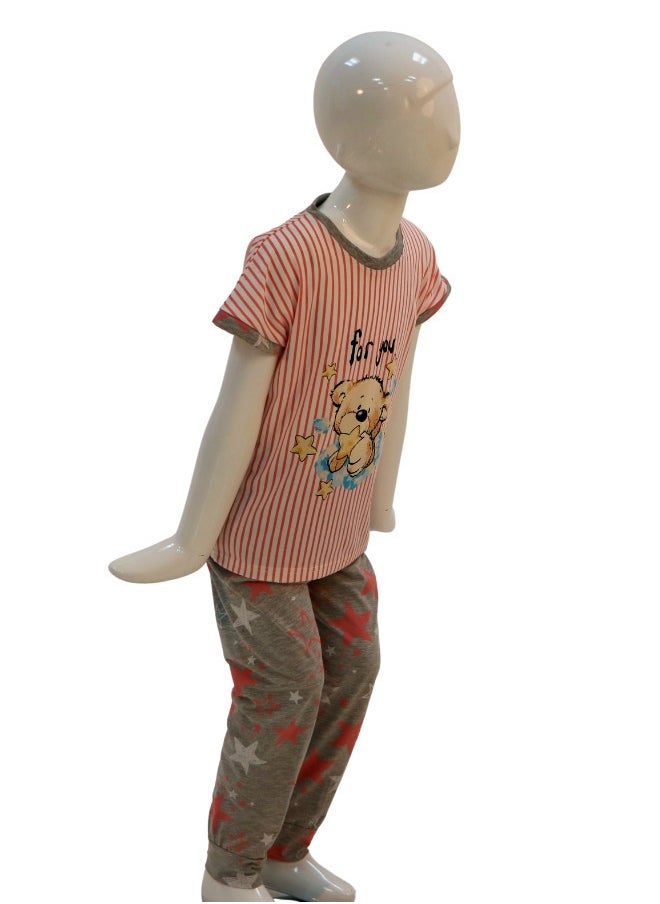 JOANNA - JOANNA Girl's For You Print Short Sleeve Shirt & Long Pants Pajama Set, Pink/Grey - Image 1