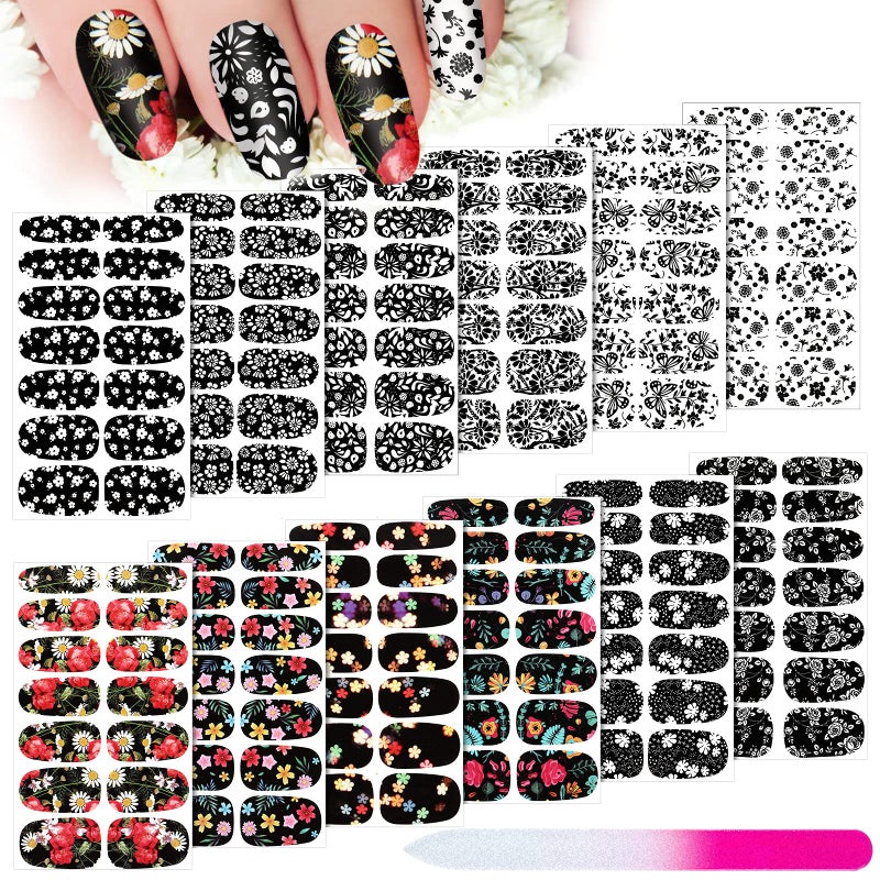 Maitys 168 Pcs 12 Sheets Full Wraps Nail Polish Stickers Flower Print SelfAdhesive Nail Decal Strips with File Manicure Kits Colorful Flower Full Cover Decal Strips for Women DIY DecorationClassic Style - Image 3