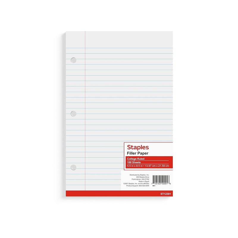 Staples 200055 College Ruled Filler Paper 5 1/2-Inch x 8 1/2-Inch 100/Pack (12301M) - Image 1