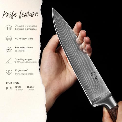 Wakoli EDIB Damascus Chef Knife – 7.9-Inch Japanese Style Kitchen Knife | Genuine 67-Layer Damascus Steel Blade with VG10 Core | Ergonomic Pakkawood Handle | Professional Cooking Knife in Gift Box - Image 2