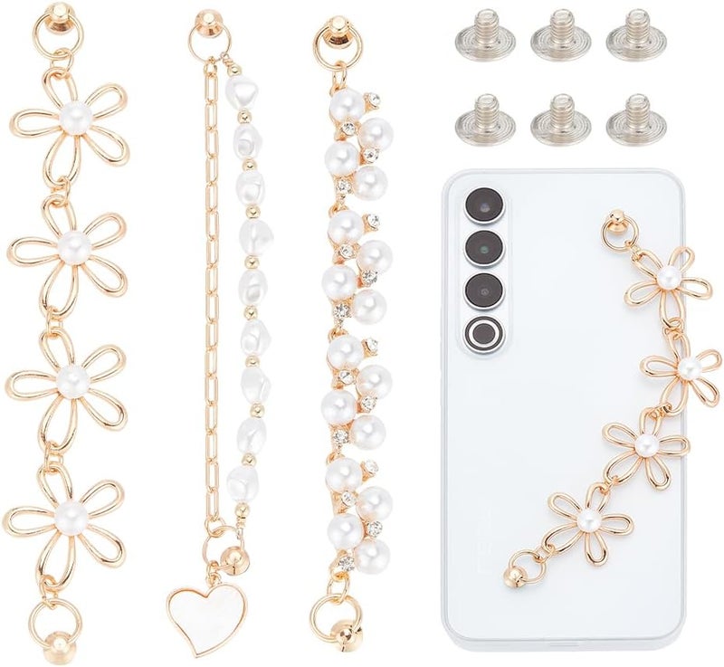 klarako 3pcs Beaded Phone Case Chain Set - Flower Pendant Lanyard, Rhinestone Finger Strap, DIY Phone Decoration Accessory - Image 1