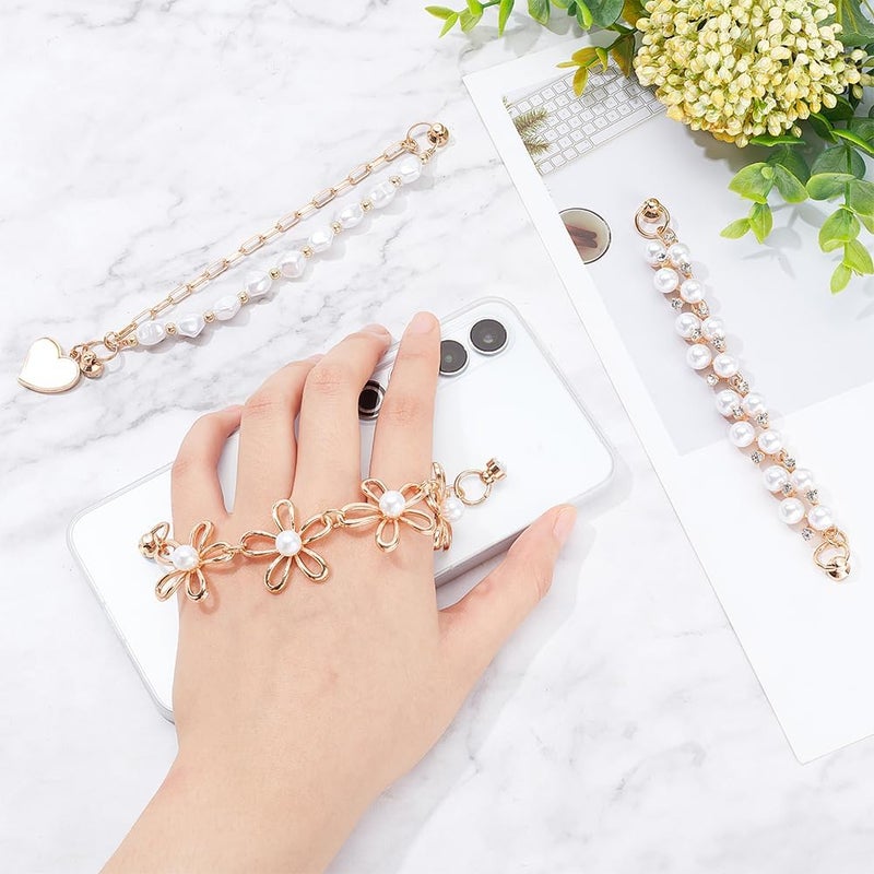 klarako 3pcs Beaded Phone Case Chain Set - Flower Pendant Lanyard, Rhinestone Finger Strap, DIY Phone Decoration Accessory - Image 4