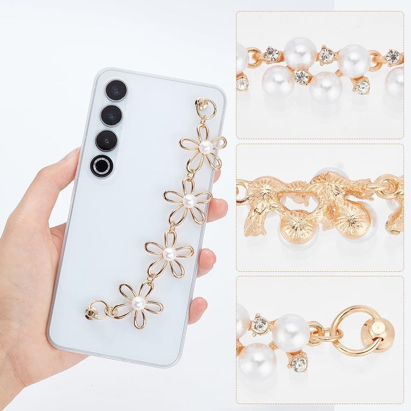 klarako 3pcs Beaded Phone Case Chain Set - Flower Pendant Lanyard, Rhinestone Finger Strap, DIY Phone Decoration Accessory - Image 3
