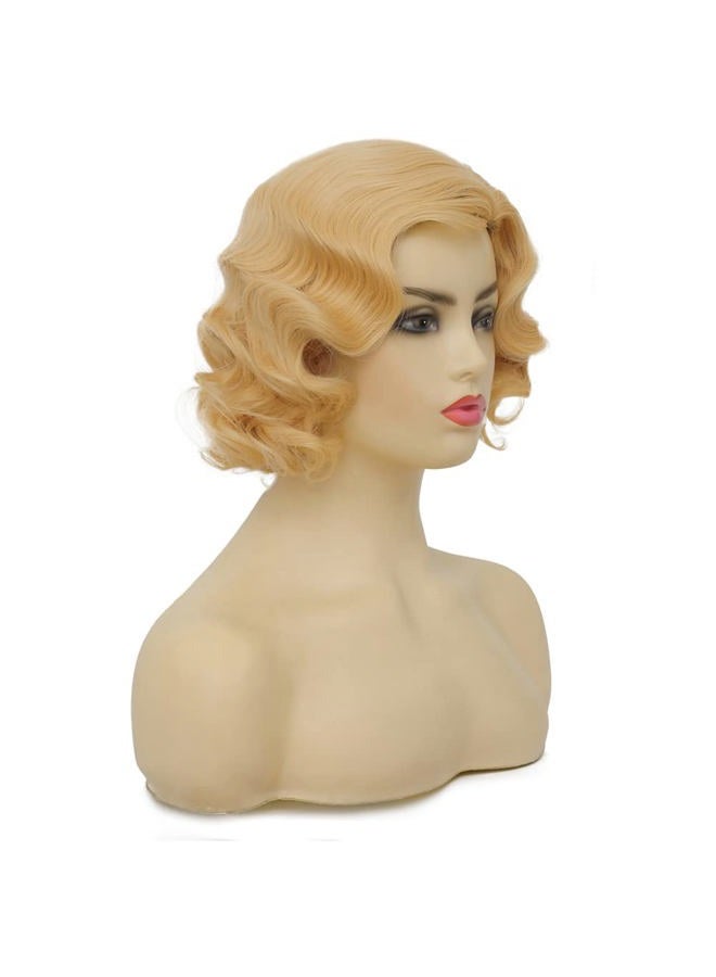 Swiking Short Curly Blonde Wigs for Women Finger Wave Wig Side Part Lady Synthetic 1920s Vintage Flapper Wig (Blonde) - Image 4