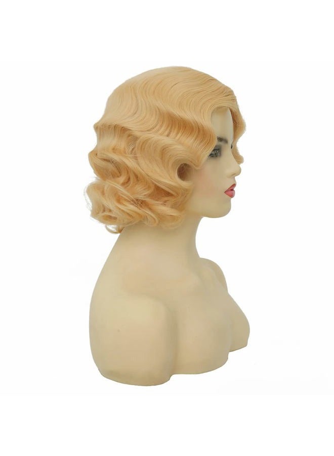 Swiking Short Curly Blonde Wigs for Women Finger Wave Wig Side Part Lady Synthetic 1920s Vintage Flapper Wig (Blonde) - Image 5