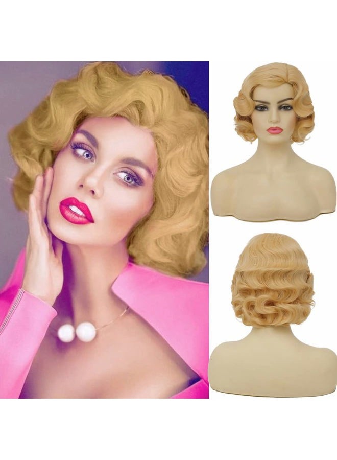 Swiking Short Curly Blonde Wigs for Women Finger Wave Wig Side Part Lady Synthetic 1920s Vintage Flapper Wig (Blonde) - Image 1