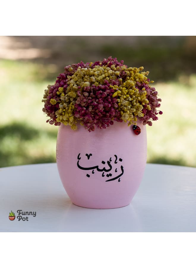 Pottery Plant Pot with natural immortal baby flowers - pink - 15*10 cm