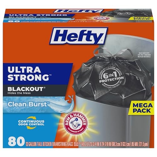 Hefty Ultra Strong 13 Gallon Trash Bags, Black Tall Kitchen Trash Bags 13 Gallon Size, Break Resistant Drawstring Enclosure, Continuous Odor Control, Blackout, Clean Burst Scent, 80 Bags - Image 1