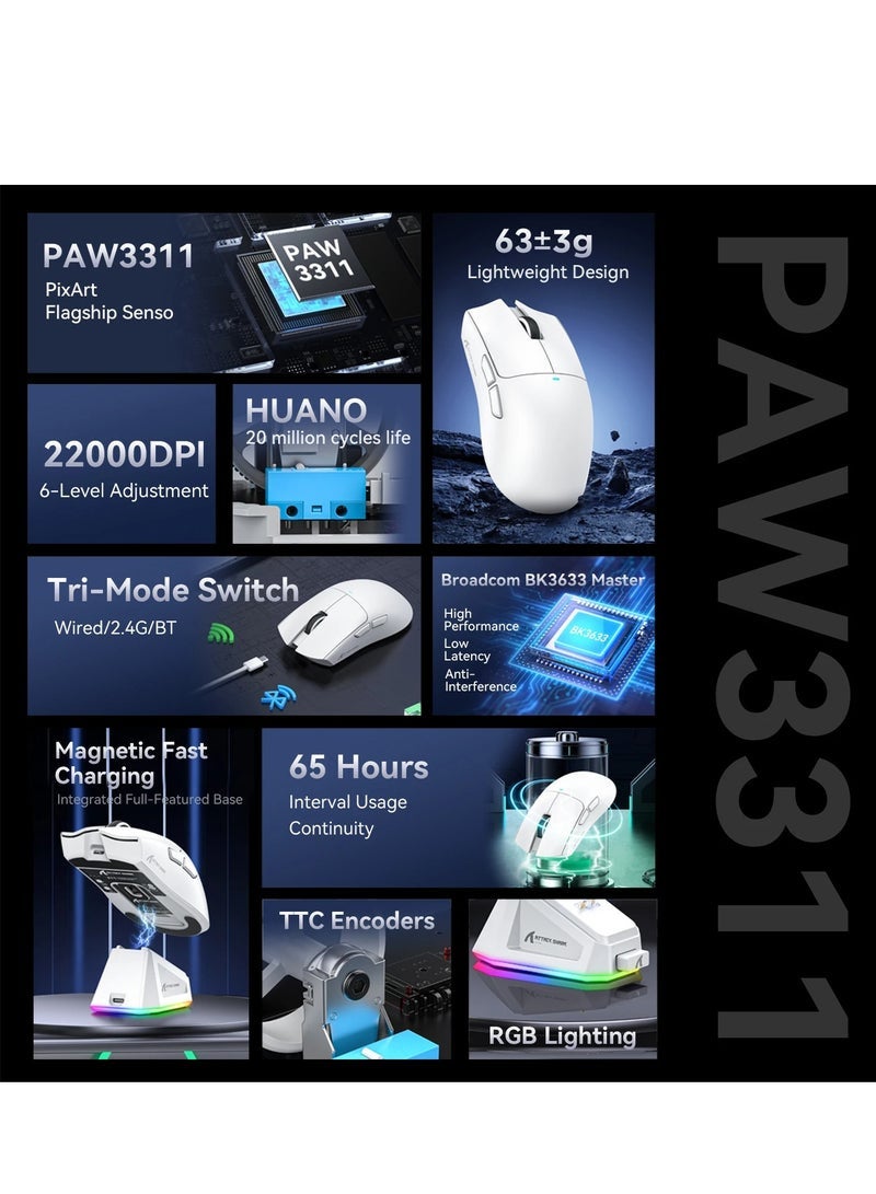 Attack Shark X11 Tri-mode Bluetooth Wireless Gaming Mouse with with Magnetic Charging Dock, Lightweight Anti Slip Mouse, PixArt PAW3311 Sensor, 22K DPI, BT/2.4Ghz/Wired, for PC/MAC - Image 2