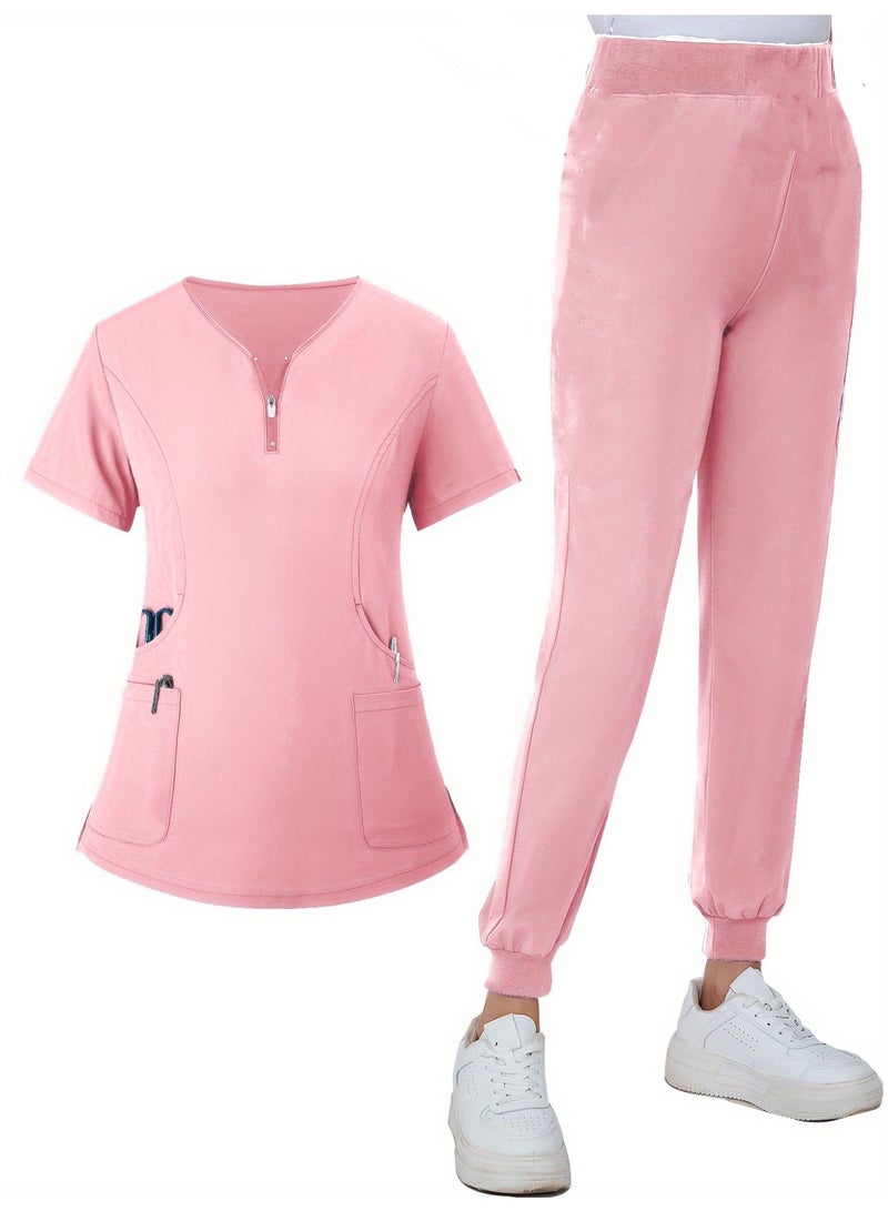 Loquat Womens Men Medical Scrubs Set Medical Uniform Set Pink - Image 1