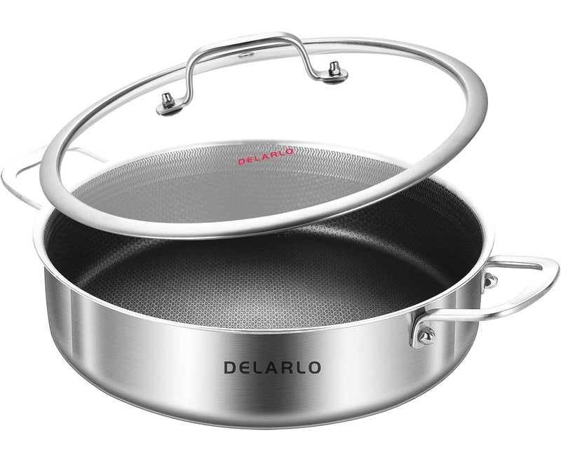 DELARLO Frying Pan,12 inch Skillet with lid,Tri-Ply Stainless Steel Saute Pan 6QT,Dishwasher-Friendly,Stay-Cool Handles,Oven-Safe Up to 660â„‰ - Image 1