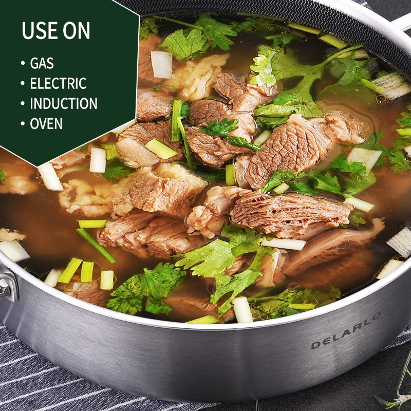 DELARLO Frying Pan,12 inch Skillet with lid,Tri-Ply Stainless Steel Saute Pan 6QT,Dishwasher-Friendly,Stay-Cool Handles,Oven-Safe Up to 660â„‰ - Image 5