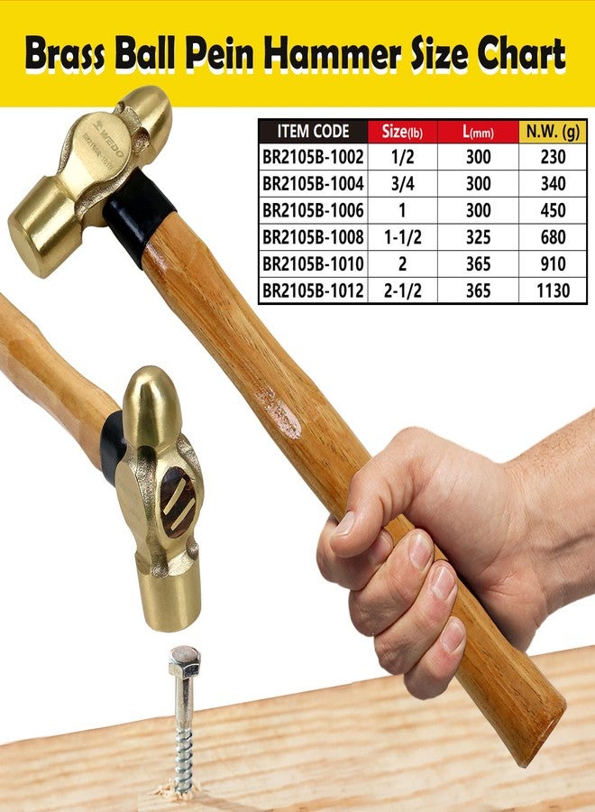 WEDO 1/2 Pound Ball Peen Hammer, Brass Ball Pein Hammer with Wooden Handle, 8oz, Length 280mm(11""), Corrosion Resistant, Die-Forged, BR2105B-1002N1 - Image 2