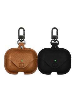 YOMNA Protective Leather Case Compatible with AirPods Pro 2 Case, Wireless Charging Case Headphones EarPods, Soft Leather Cover with Carabiner Clip (Brown/Black) - (Set of 2)