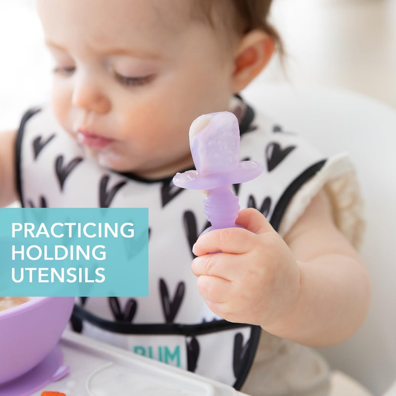 Bumkins Baby Utensils Set, Chewtensils Silicone Spoons for Dipping, Self-Feeding, Baby Led Weaning, Trainer Learning, First Stage Eating, Soft Practice Fork and Spoon, Babies 6 Months, Purple Jelly - Image 2