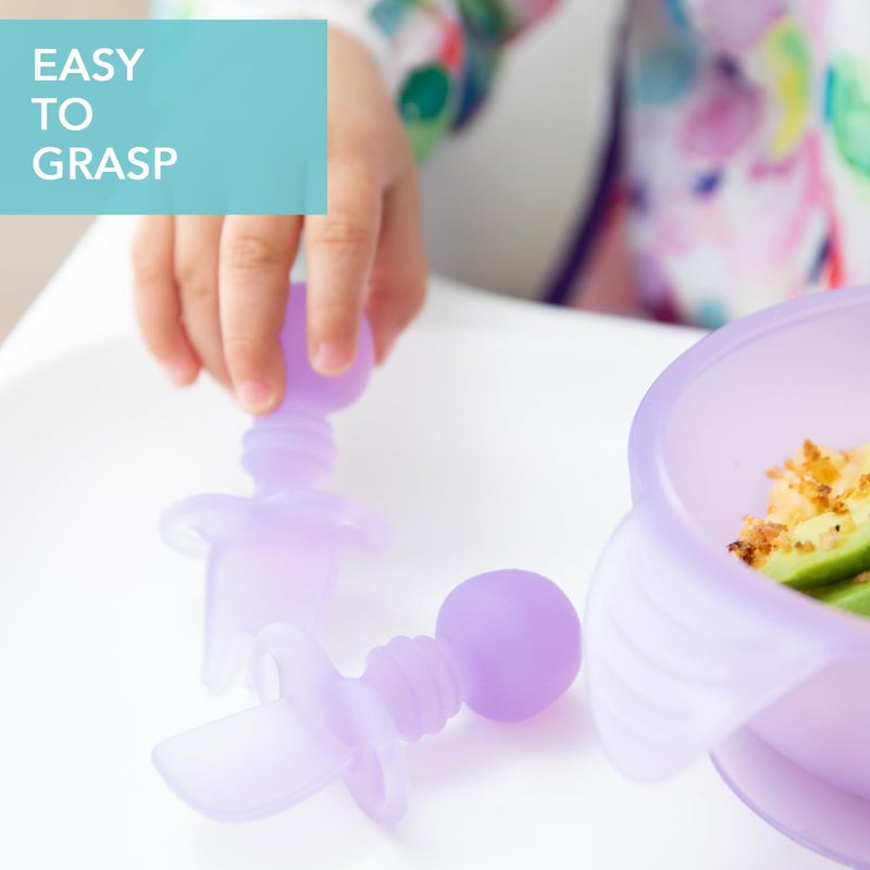 Bumkins Baby Utensils Set, Chewtensils Silicone Spoons for Dipping, Self-Feeding, Baby Led Weaning, Trainer Learning, First Stage Eating, Soft Practice Fork and Spoon, Babies 6 Months, Purple Jelly - Image 3