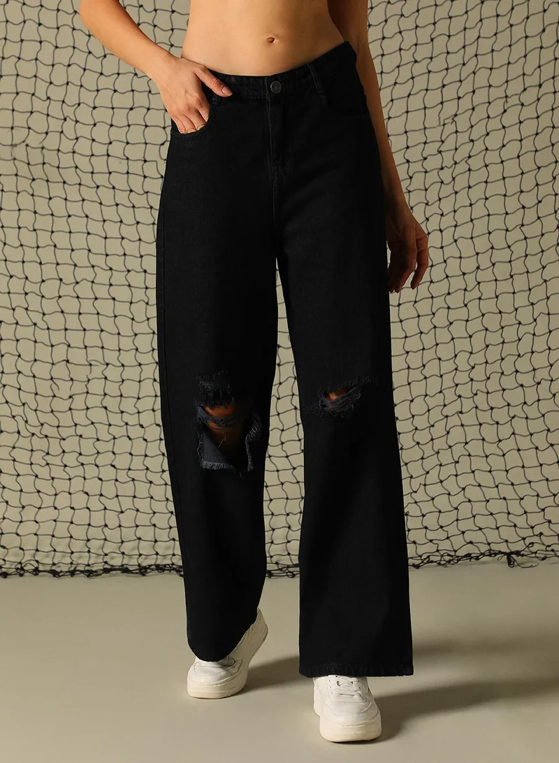 Hubberholme Women's Black 100% Cotton Distressed Full Length Baggy Fit Jeans