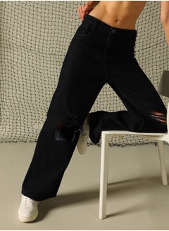 Hubberholme Women's Black 100% Cotton Distressed Full Length Baggy Fit Jeans  - Image 5