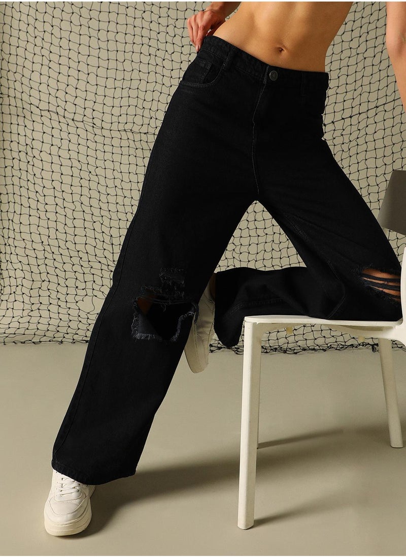 Hubberholme Women's Black 100% Cotton Distressed Full Length Baggy Fit Jeans  - Image 5