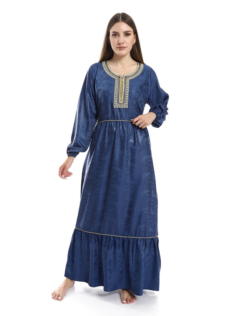 Jacquard Cotton Dress with Cerma Embroidered Chest and Zipper - 603 Blue - Image 1
