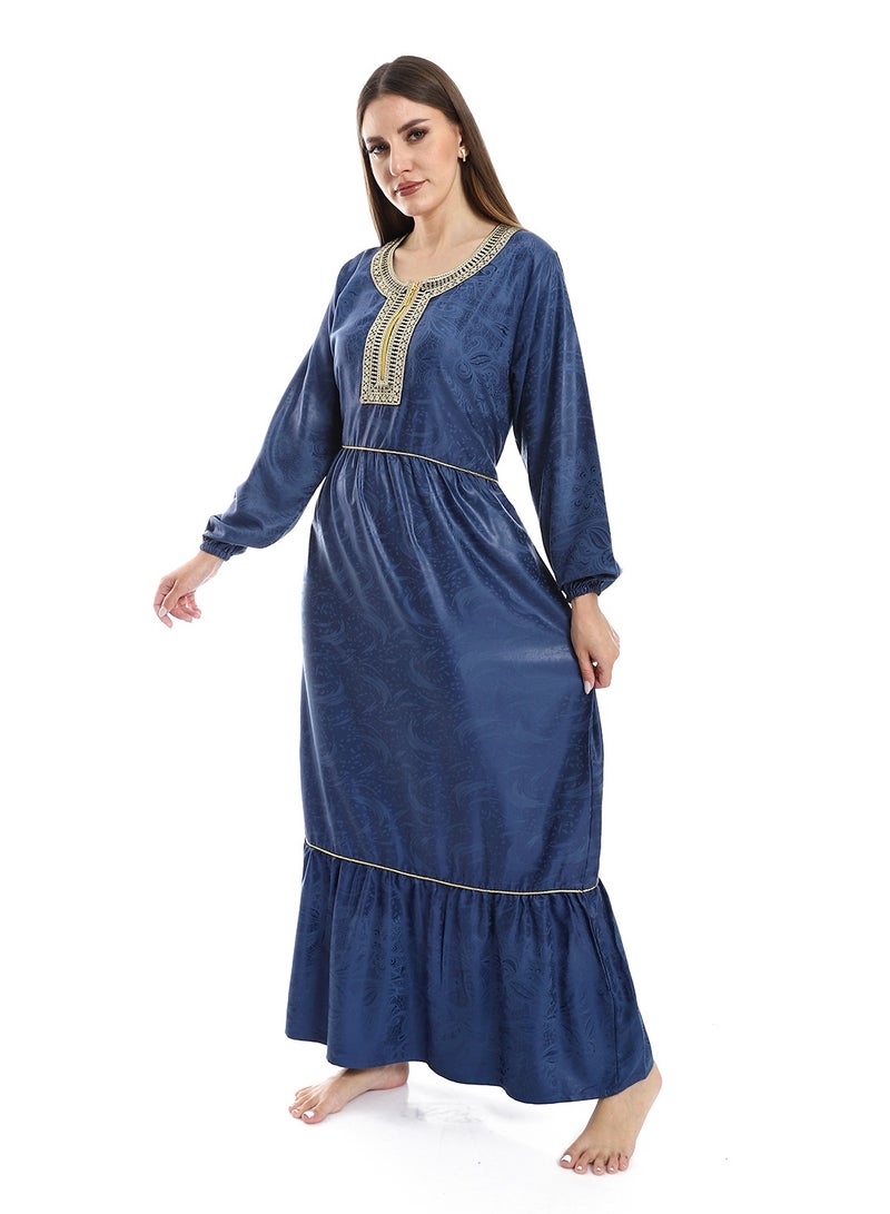Jacquard Cotton Dress with Cerma Embroidered Chest and Zipper - 603 Blue - Image 3