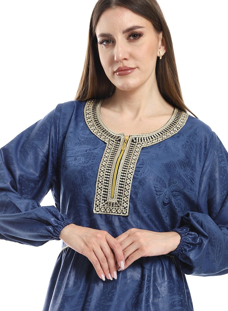 Jacquard Cotton Dress with Cerma Embroidered Chest and Zipper - 603 Blue - Image 4
