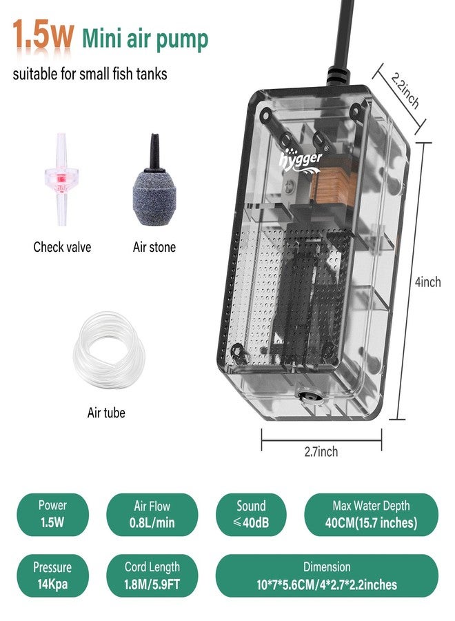 هايغر مضخة هواء شفافة من هيجر لأحواض السمك: مضخة أكسجين قابلة للتعديل، مضخة تهوية قوية وهادئة بقدرة 1.5 واط، منفذ هواء واحد، فائقة الهدوء، مناسبة لأحواض الأسماك الصغيرة، وأنظمة الزراعة المائية، والاستخدام المنزلي والتجاري. - Image 4