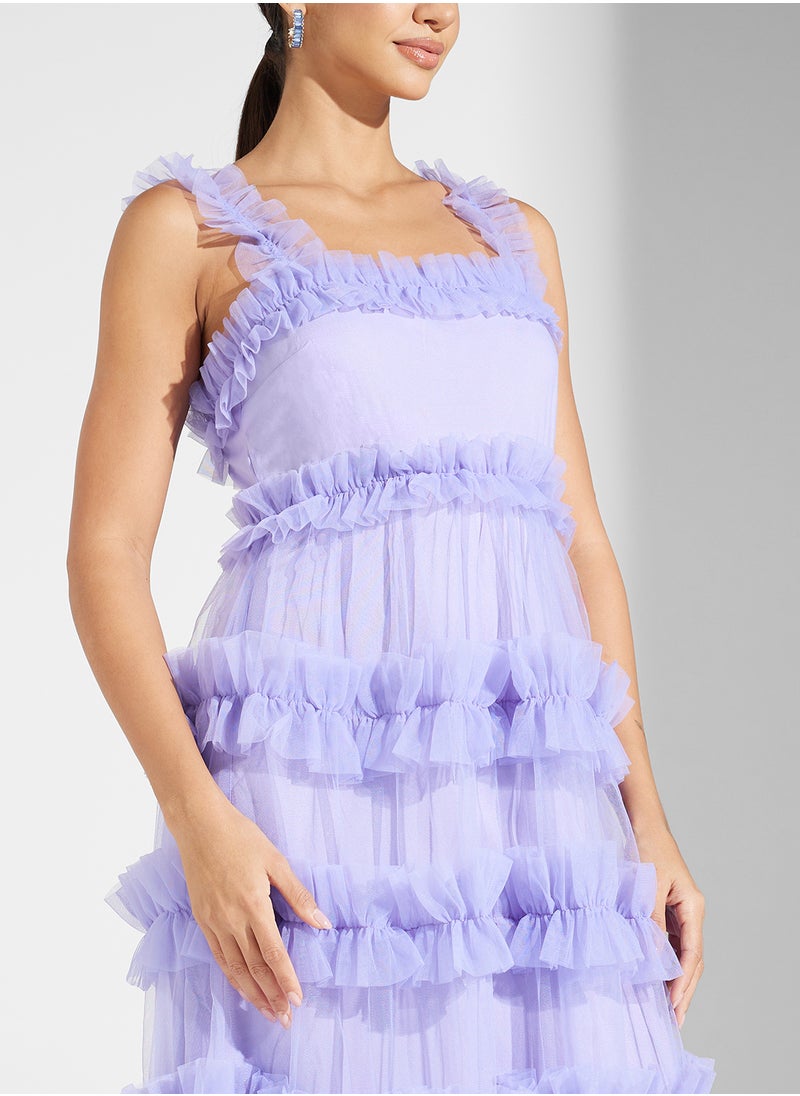 Lace and Beads - Square Neck Frill Detail Ruffle Dress - Image 1