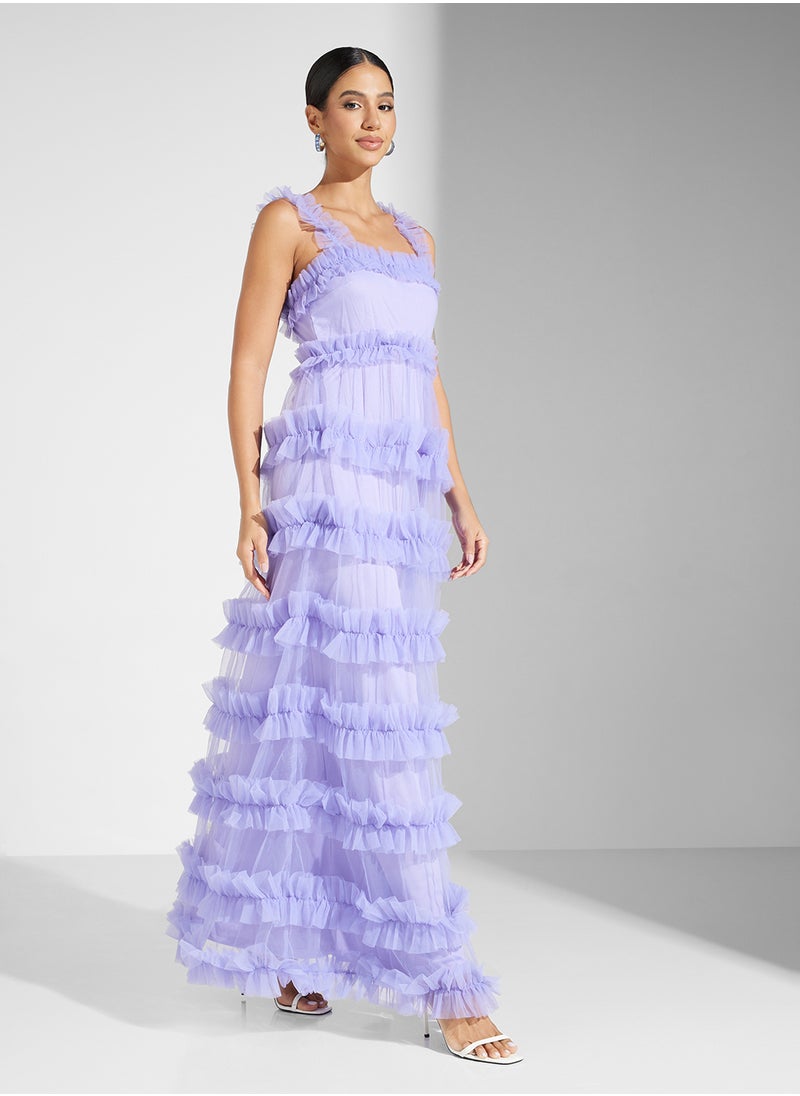 Lace and Beads - Square Neck Frill Detail Ruffle Dress - Image 1