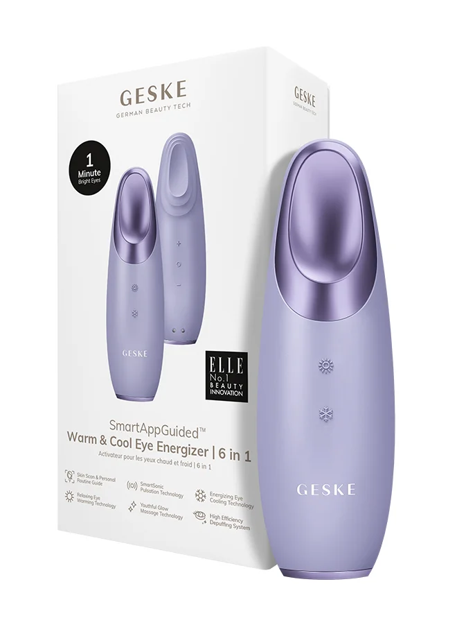 GESKE SmartAppGuided Warm & Cool Eye Energizer | 6 in 1 | Heated Eye Massager | Combat Dark Circles & Under-Eye Bags | Refresh Droopy Eyelids | Anti-Stress & Relaxation | Sonic Massaging - Purple