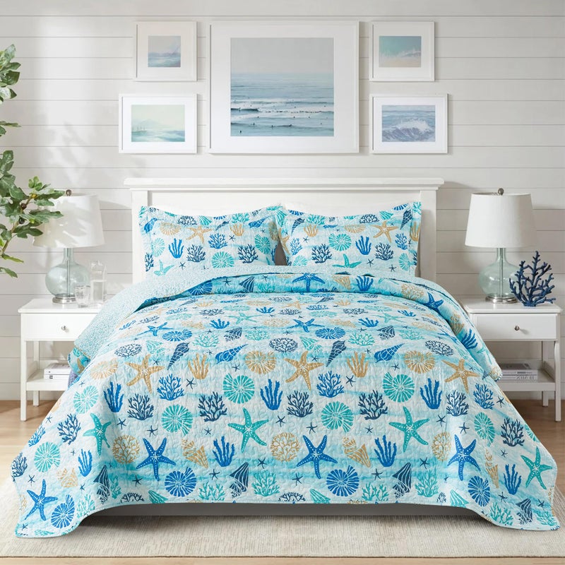 NEWLAKE طقم غطاء سرير نيوليك - طقم غطاء سرير قابل للعكس بنمط الساحل الغربي، مقاس كوين - Image 1
