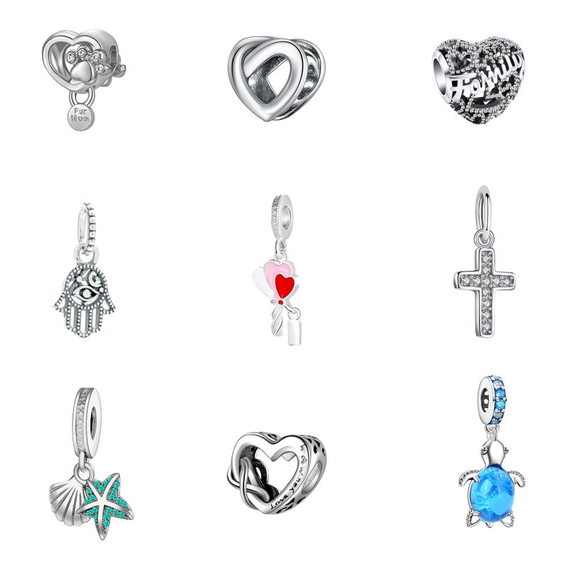 Acrobious 9PCS European Charms Beads Pendant For Bracelet, Charms DIY Bracelets Necklace Jewellery Gift for Birthday Valentine's Day Party Christmas Mother's Day heart cross starfish turtle family dog paw - Image 1