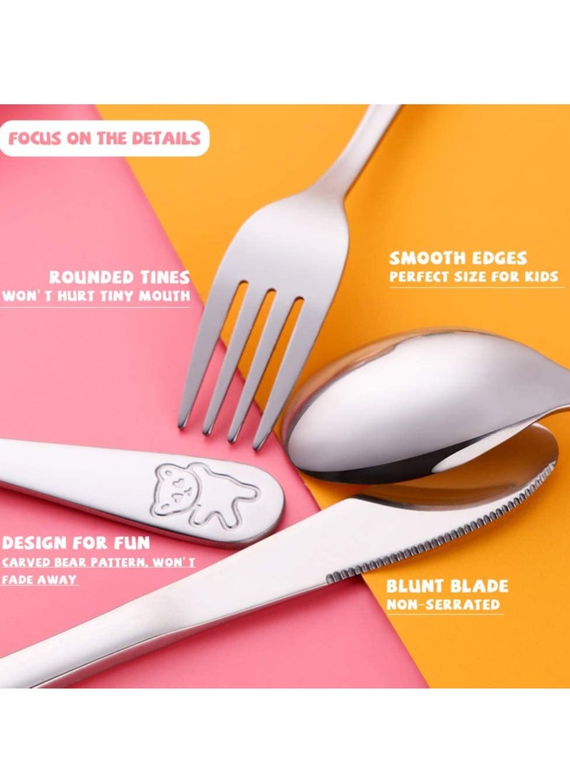 SYOSI - Kids Silverware Stainless Steel Kids Forks and Spoons, Children's Safe Flatware Set, Toddler Utensils, Metal Cutlery Set for Lunchbox Engraved Bear 2 knives + 2 forks + 2 spoons - Image 1