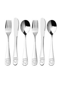 Kids Silverware Stainless Steel Kids Forks and Spoons, Children's Safe Flatware Set, Toddler Utensils, Metal Cutlery Set for Lunchbox Engraved Bear 2 knives + 2 forks + 2 spoons