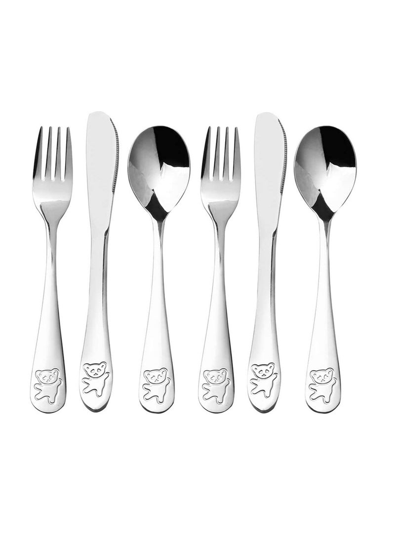 SYOSI - Kids Silverware Stainless Steel Kids Forks and Spoons, Children's Safe Flatware Set, Toddler Utensils, Metal Cutlery Set for Lunchbox Engraved Bear 2 knives + 2 forks + 2 spoons - Image 1