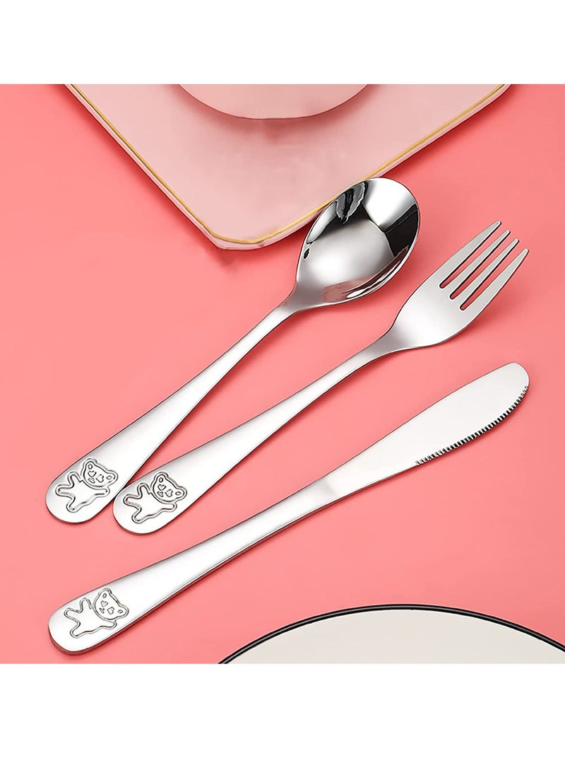SYOSI - Kids Silverware Stainless Steel Kids Forks and Spoons, Children's Safe Flatware Set, Toddler Utensils, Metal Cutlery Set for Lunchbox Engraved Bear 2 knives + 2 forks + 2 spoons - Image 1