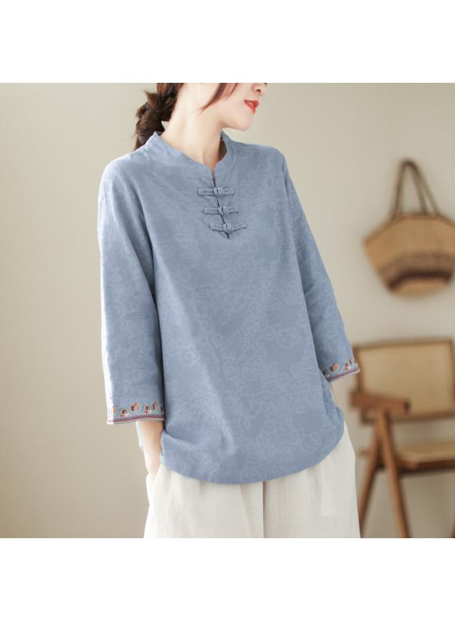 VUELO Real Shot Summer New Vintage Jacquard Cotton Linen Button Seven Sleeve Shirt Women's Shirt Top 2870# - Image 1