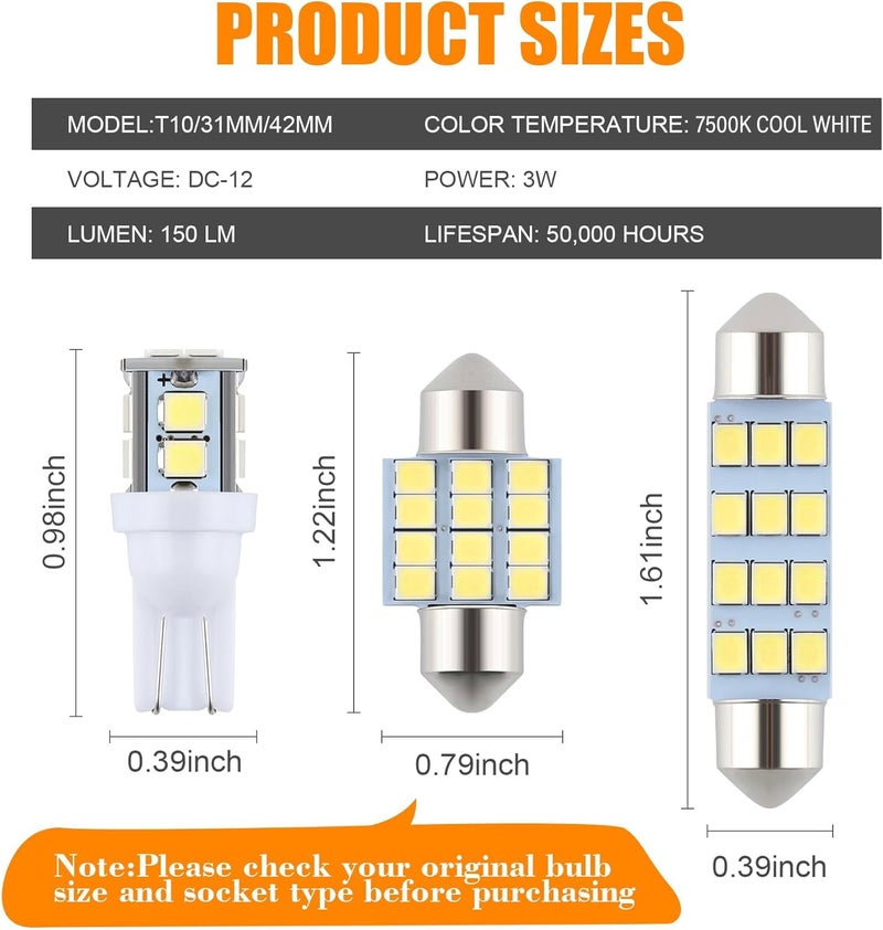 iFunyLED 24 Pieces Dome Light LED Car Interior Bulb Kit Set 194 T10 DE3175 578 31mm 42mm Bulbs Interior Replacement Lights for Car Map License Plate Door Side Marker Cornering Trunk Light - Cool White - Image 2