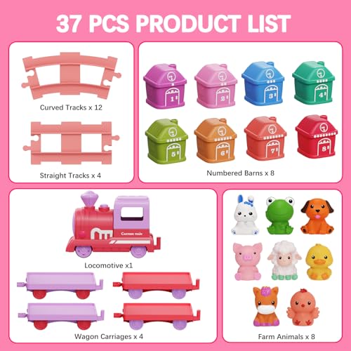 Meytccve Train Set Toy Toddlers for 13 Learning Toy for Ages 1 2 3Montessori Learning Matching Sorting ToysChristmas Birthday Gift Boys Girls Pink - Image 5