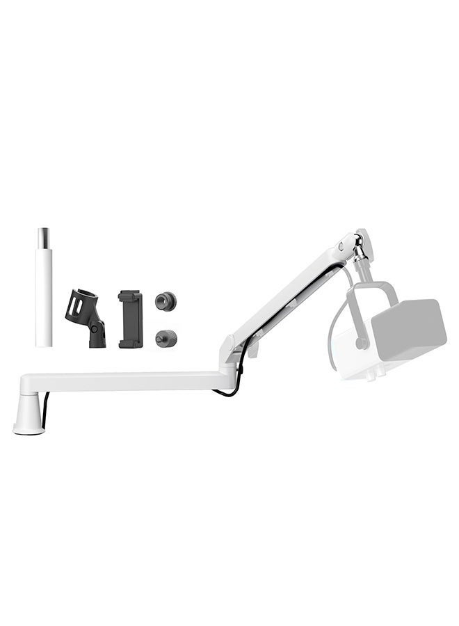 Professional Low-Profile Mic Arm - Adjustable White Boom Stand with 10cm Riser & Solid Desk Clamp | Built-in Cable Management | Perfect for Podcasting, Streaming, Gaming (White)
